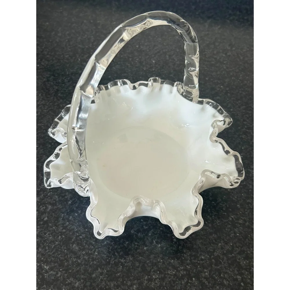 Vintage White Milk Glass Basket Clear Ruffled Edge Twisted Handle Candy Dish